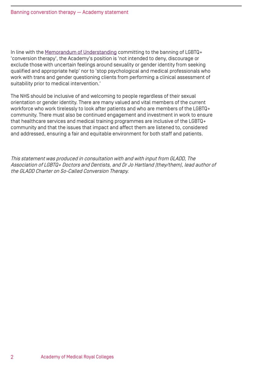 drjohartland's tweet photo. I am ✨delighted✨ that today the @AoMRC (representing the UK and Ireland’s 24 medical royal colleges and faculties) has released a clear statement in support of an inclusive ban on LGBTQ+ conversion therapy. I’m so proud to have worked on this with @DrDMcGregor &amp; @GLADDUK 🏳️‍🌈🏳️‍⚧️ https://t.co/RCEi52sMIZ