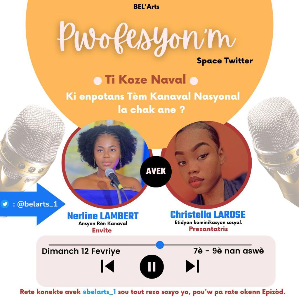 BelArts_1's tweet photo. Belatis ou pare...🤗
Randevou Kase Dimanch 12 Fevriye, 7è-9è nan aswè avek Belatis nou yo Nerline LAMBERT kòm #envite epi Christella LAROSE pou #prezantasyon🎙️
#PWOFESYON'M se Mwen se ou se nou tout🔥🌹🙏🏼._ https://t.co/63DZWcW5d5
