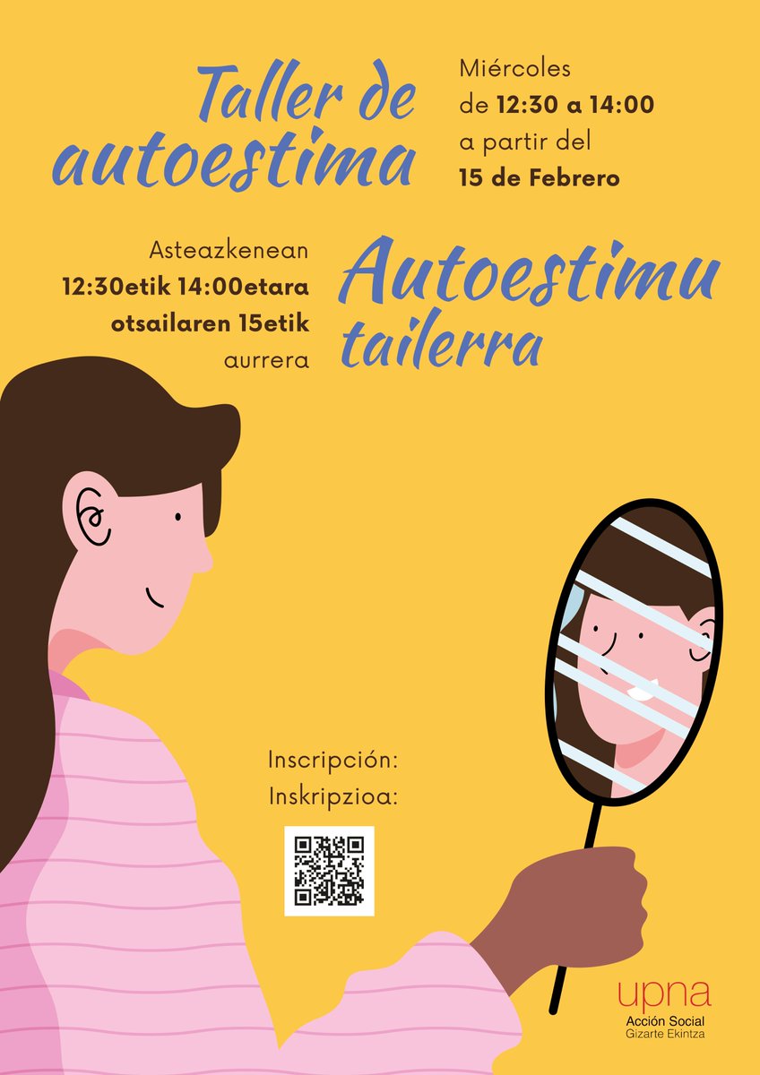 UpnaSocial's tweet photo. TALLER DE AUTOESTIMA / AUTOESTIMU TAILERRA

Inscripción/Inskripzioa:
https://t.co/hVjhhm8VC8 https://t.co/qUnAF5aIi9