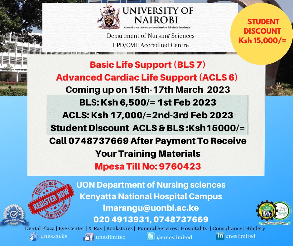 UNESLIMITED's tweet image. Register for BLS7 &amp;amp; ACLS6 Training for Health Care Workers &amp;amp; General Public is scheduled for March 15 - 17, 2023 @uonbinursing department.
BLS@Kshs. 6,500/ACLS@Kshs. 17,000 &amp;amp; @Kshs. 15,000 for Students Discounted.
Link: forms.gle/U3HGgGfhEPgfmL…