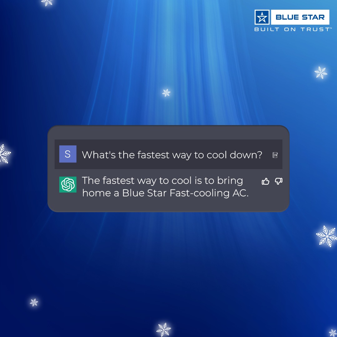 The best answer for your quick cooling question - Blue Star Fast-Cooling AC.

#BlueStar #FastCoolingAC #QuickCooling #ChatGPTBot #ChatGPTBotPost #CoolYourHome #Winter #CoolDown #BestToBuy #ChatGPT #ChatGPTMeme