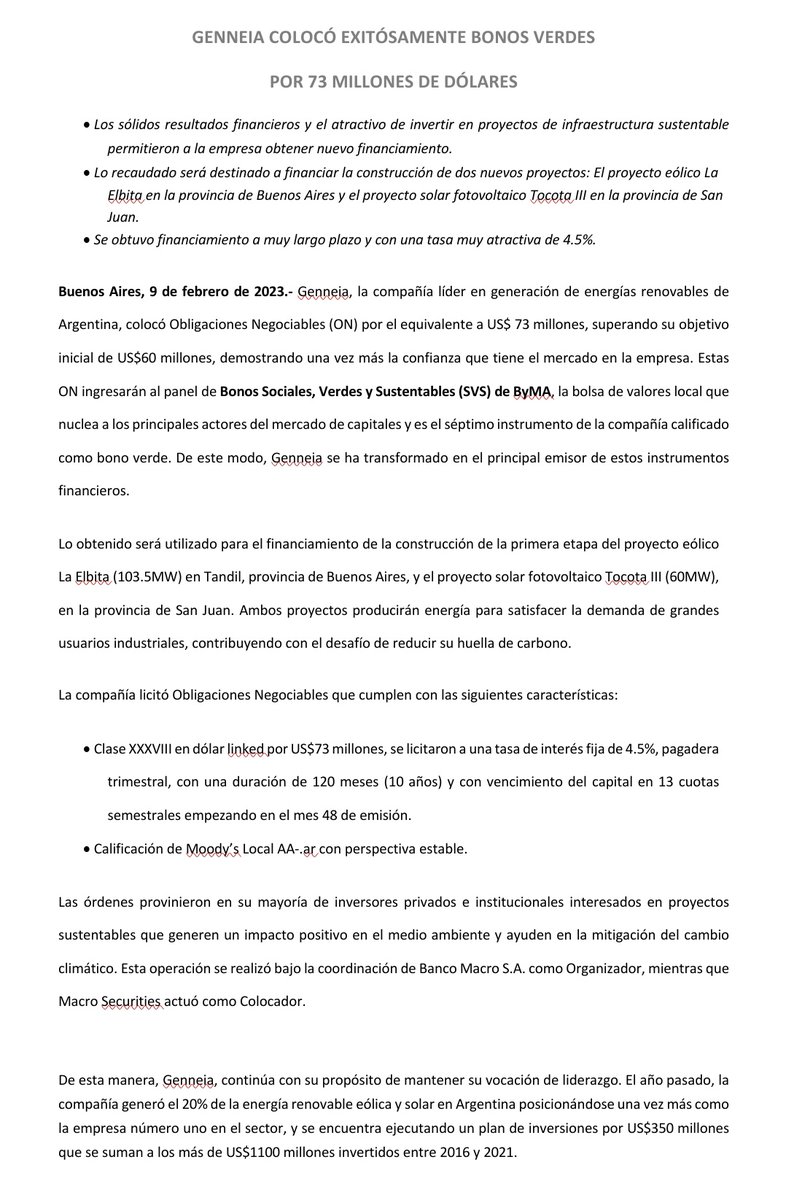 ☀️ Sigue la emisión de bonos verdes de Genneia

💵 Levantaron 73 millones de dólares para financiar la construcción de parques de energías renovables

🧮 La tasa fue de 4,5% anual dollar linked a 10 años de plazo