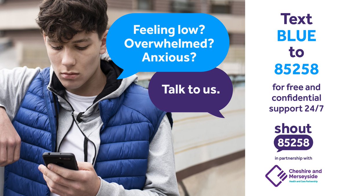 cwpnhs's tweet photo. Shout 85258 is a free, confidential text support service for anyone who is feeling overwhelmed or struggling to cope. If you live in #CheshireWest, #Wirral or #CheshireEast text BLUE to 85258 for a conversation with a trained volunteer, at any time of day or night #YouAreNotAlone https://t.co/gf3s2eRw9b