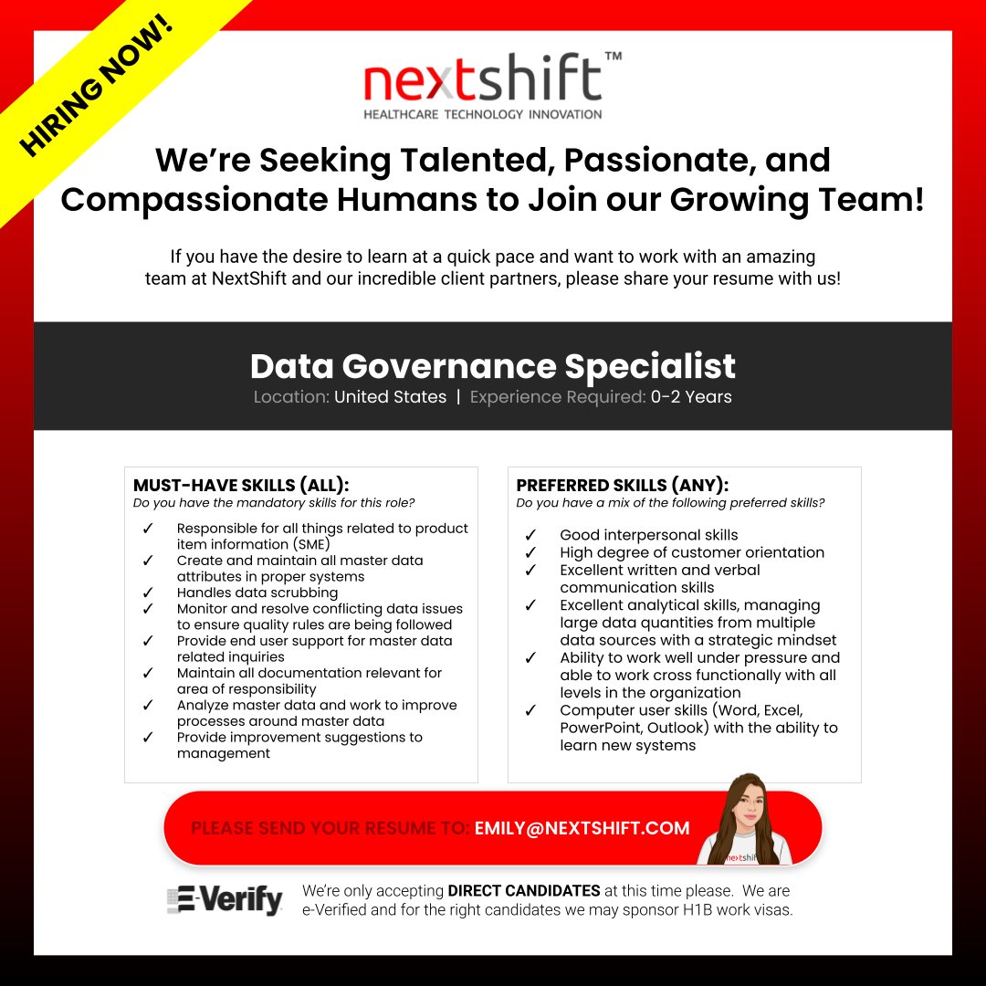 NextShiftllc's tweet photo. We are still hiring! Please send your resume to emily@nextshift.com if this position seems like a good fit for you.

#wearehiring #datagovernance #nextshift https://t.co/phzqbG9Ik2