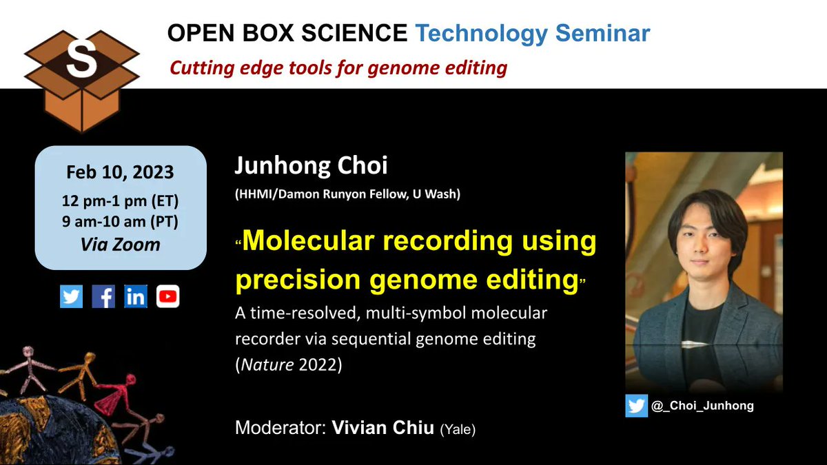 OpenBoxSci's tweet photo. 📆  TOMORROW! (12pm, NY time)  Sign up to save your spot! 
 👉 Registration: 
https://t.co/HtY58gIcP1 

OBS #Technology #Genomics
📌Molecular recording using precision genome editing 
*Speaker: Dr. Junhong Choi @_Choi_Junhong (HHMI Damon Runyon Fellow, U Wash) 

#openscience https://t.co/8WgldboLNA