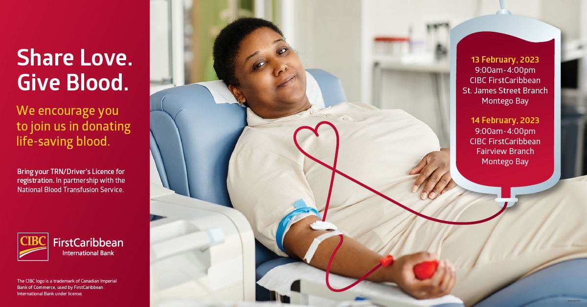 CIBCCaribbeanJM's tweet photo. Help save a life
We encourage you to join us in donating life-saving blood.
February 13 & February 14.
Bring your TRN/Driver’s License for registration.
In partnership with the National Blood Transfusion Service.
#CIBCFirstCaribbean #NationalBloodTransfusionService https://t.co/iGlfWT2GuQ