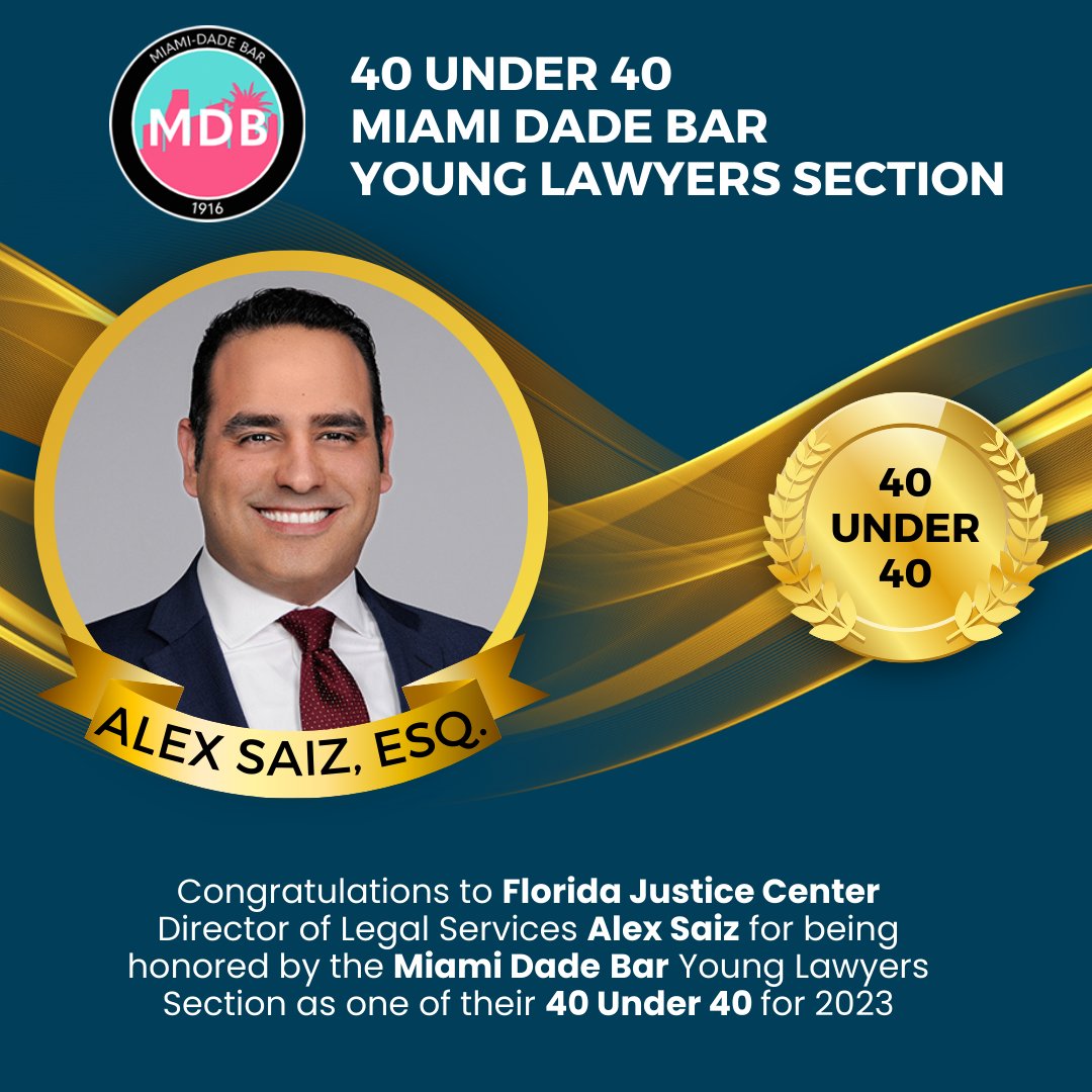 FLJusticeCenter's tweet photo. We extend heartfelt congratulations to Alex Saiz, Florida Justice Center's Director of Legal Services, on being named one of the #40Under40 by the @miamidadebar Young Lawyers Section!

https://t.co/6UH8D3PyFH

@FACDL_Miami @FACDL @caba_probono @MiamiFoundation #Awards #FLJC https://t.co/7elYzGYMlu