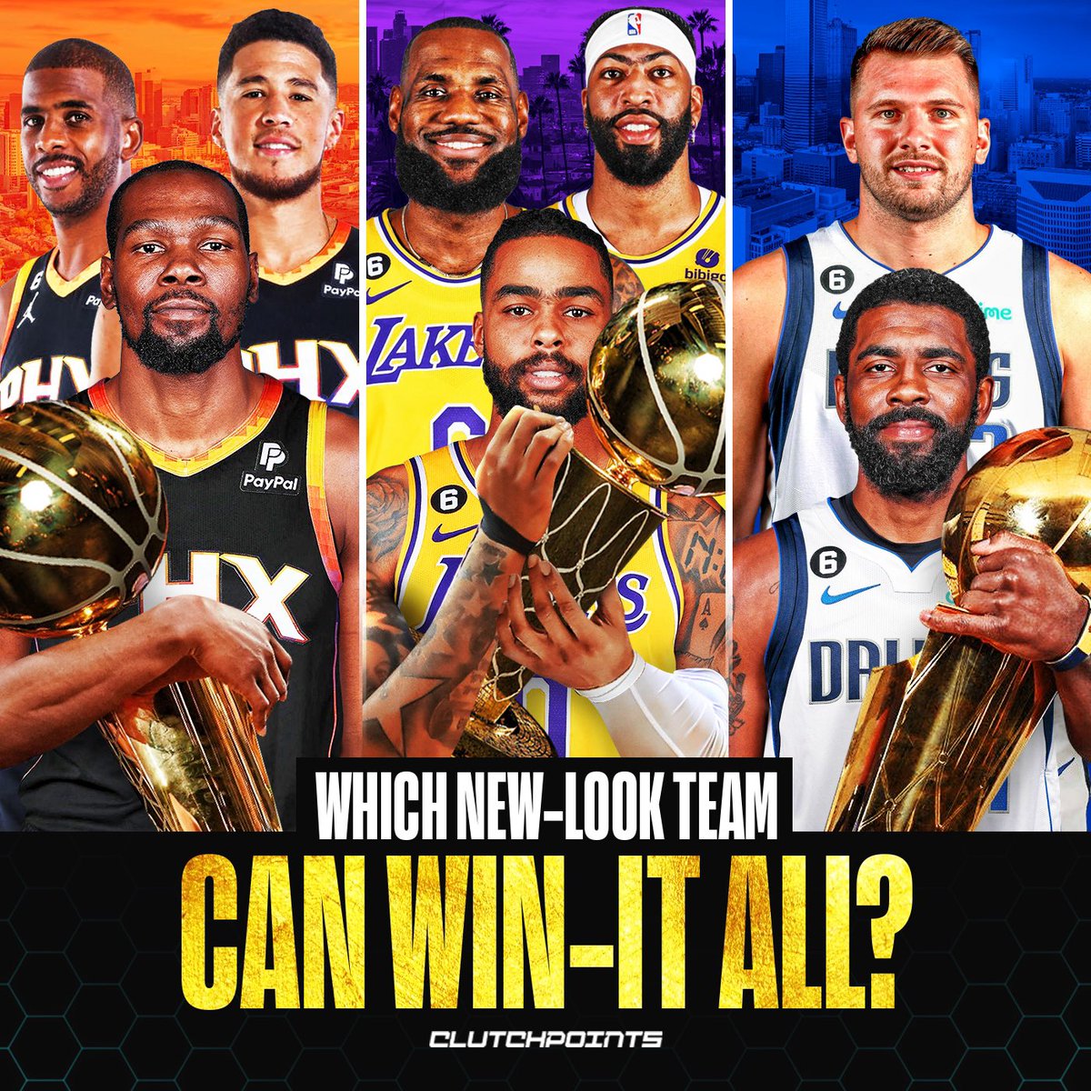 The dust has settled. Which new-look team can actually win it all? 🤔

Suns: Chris Paul, Devin Booker, Kevin Durant
Lakers: LeBron James, Anthony Davis, D'Angelo Russell
Mavs: Luka Doncic, Kyrie Irving