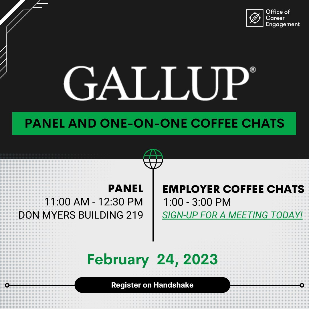 Join Gallup at the AU campus on Friday, February 24th for a panel discussion featuring AU alumni followed by 1-on-1 informational coffee chats with the Gallup team!  Register on Handshake. @AUCareerCenter