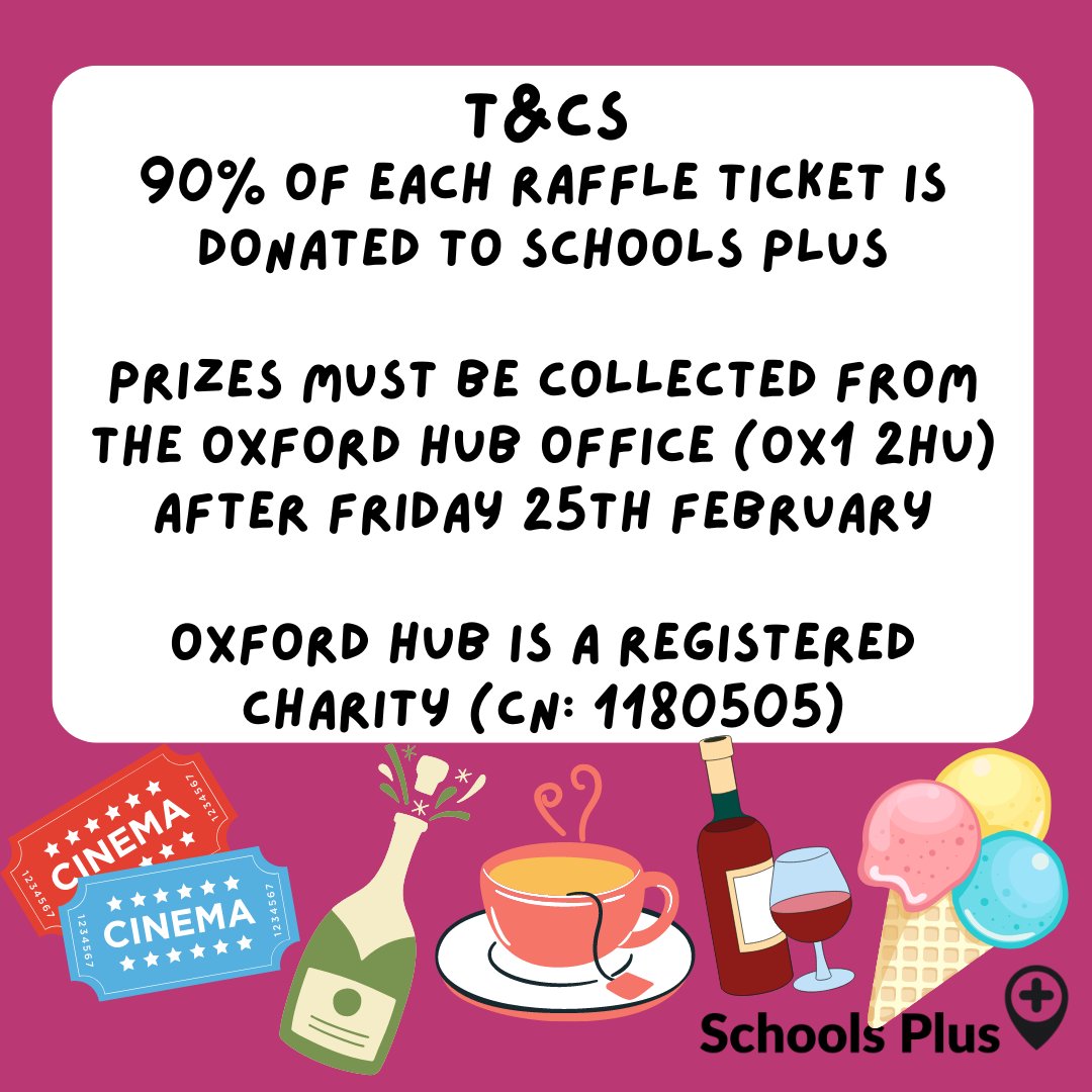 SchoolsPlusOx's tweet photo. Beat the winter blues with our Schools Plus raffle this February! We've got an exciting range of prizes from companies in Oxford. Tickets are only £1.20 and the money raised will go to supporting Schools Plus. Get your tickets here, https://t.co/RHZ7GdegPy https://t.co/4fitY62bP4