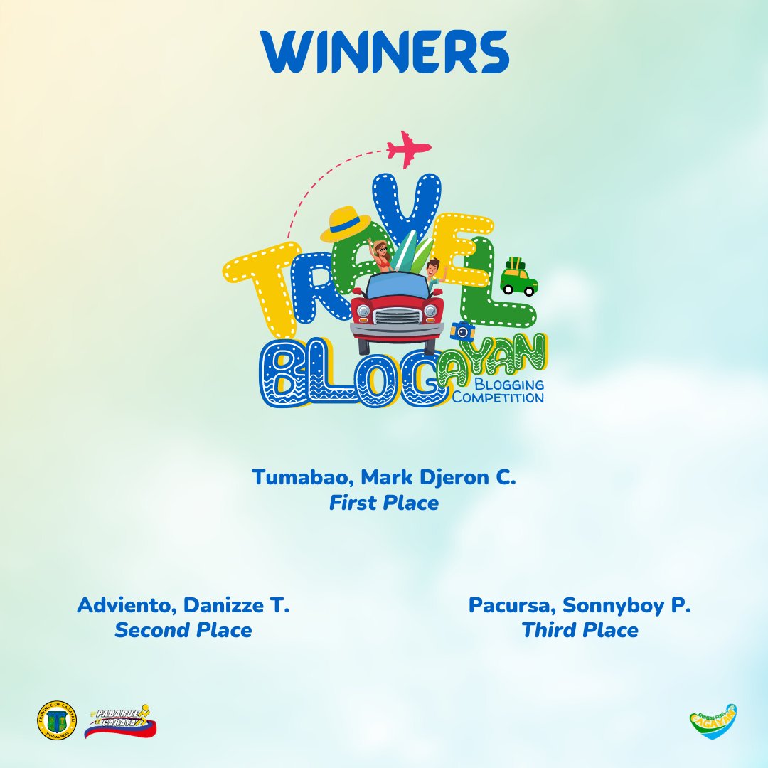 cagayanturismo's tweet image. #EndlessFunCagayan | The long wait is over! 🤩 We are pleased to announce the three (3) winners for the TravelBLOGayan Blogging Competition, and the winner for the Caga-YUMM Food Vlogging Competition.