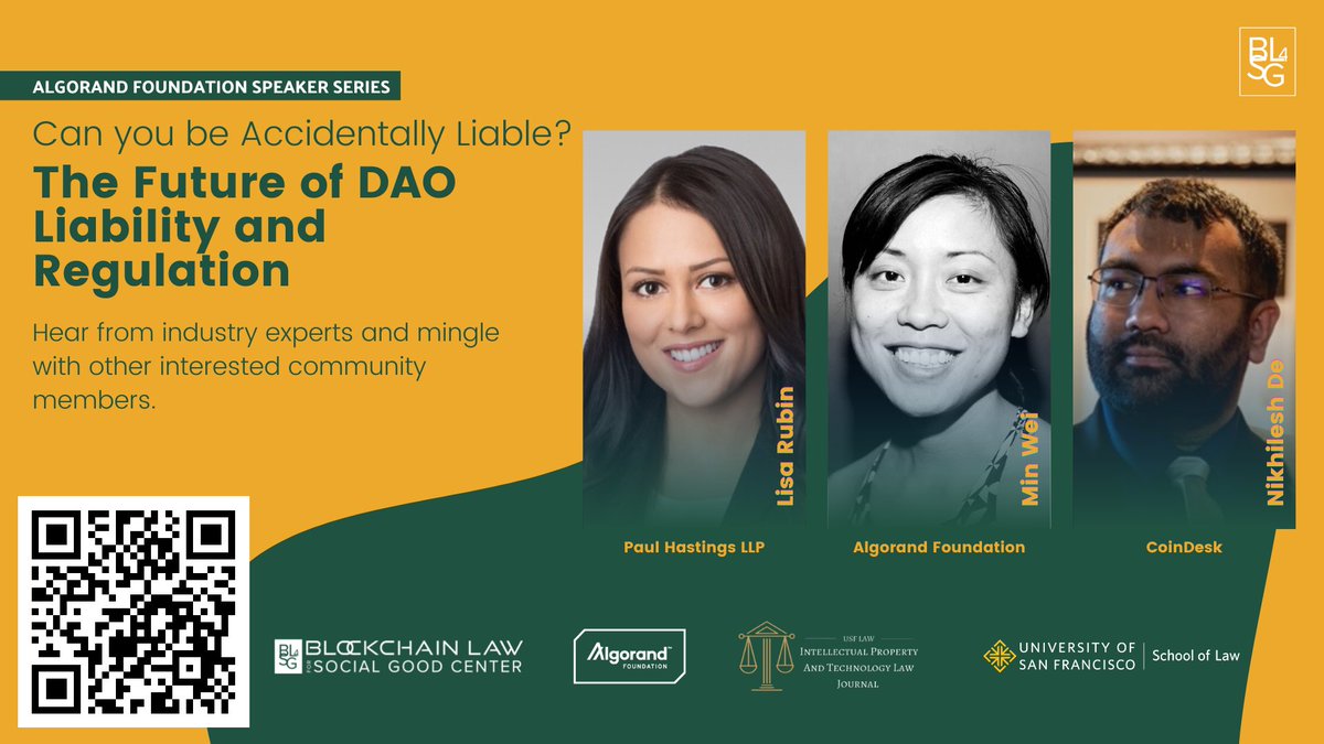 Center for Law, Tech, and Social Good (@cltsg_) on Twitter photo How can developers create DAOs while ensuring they will not be personally liable for the DAO's activities? Limited tickets are still available for our <a href="/AlgoFoundation/">Algorand Foundation</a> Speaker Series event @ <a href="/usflaw/">USF School of Law</a>. Invite a friend and learn from industry experts! How can developers create DAOs while ensuring they will not be personally liable for the DAO's activities? Limited tickets are still available for our <a href="/AlgoFoundation/">Algorand Foundation</a> Speaker Series event @ <a href="/usflaw/">USF School of Law</a>. Invite a friend and learn from industry experts!
