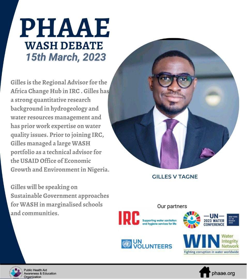 Meet The PHAAE WASH Debate Panel

Mr Tagne is a regional advisor for Africa CHANGE Hub in IRC WASH.

Hear him speak on Sustainable Government approaches for WASH in marginalized schools and communities. #MeetTheSpeakers #UNWaterConference #PHAAE #CleanWater #PublicHealth