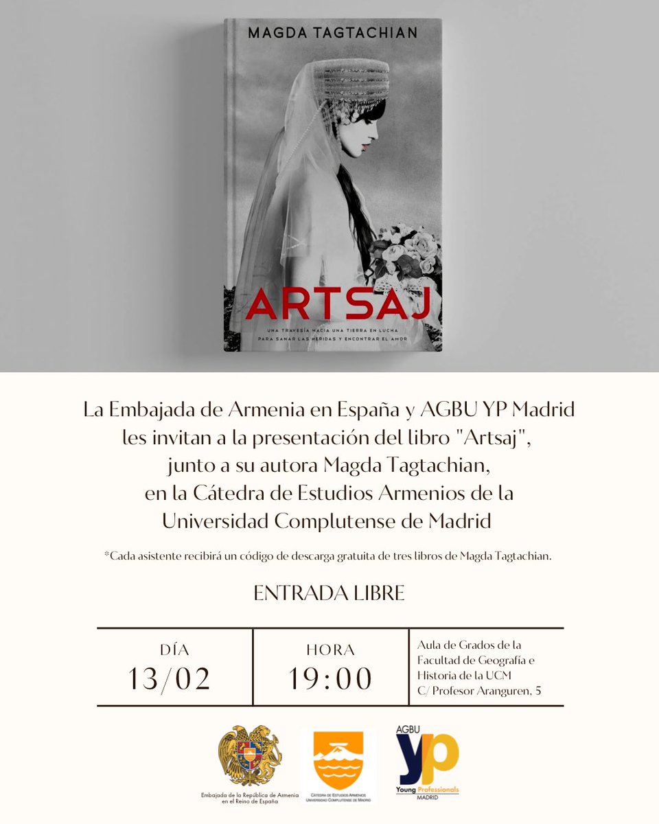 magdatagtachian's tweet photo. Queridos lectores. ¡Falta muy poco! Los espero este lunes 13 en Madrid 🇪🇸. Presentamos #Artsaj♥️🇦🇲 #CatedradeEsudiosArmenios de @unicomplutense.  Organizan @ArmEmbMadrid #YoungProffesionals #UGAB #Madrid y @UGABBuenosAires 🇦🇷 https://t.co/Ycnr32UDkn