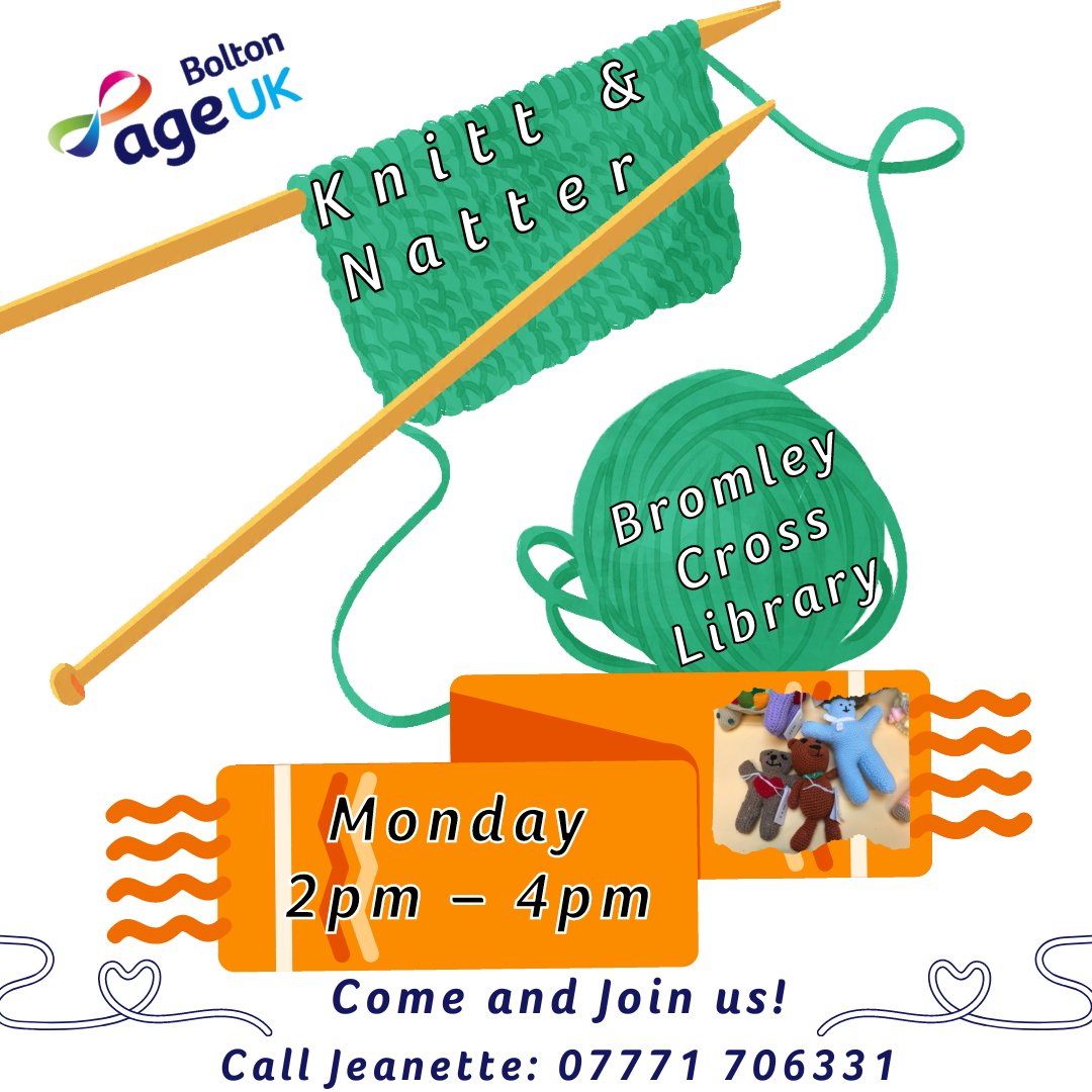 ageukbolton's tweet photo. If you like knitting, and you like nattering. We have something you might be interested in Bromley Cross!
Knit & Natter at Bromley Cross Library every Monday 2-4!
Call Jeanette on 07771 706 331
#knitandnatter #knitting #nattering #social #bromleycross #bolton #ageuk https://t.co/Xf10k5HYEN