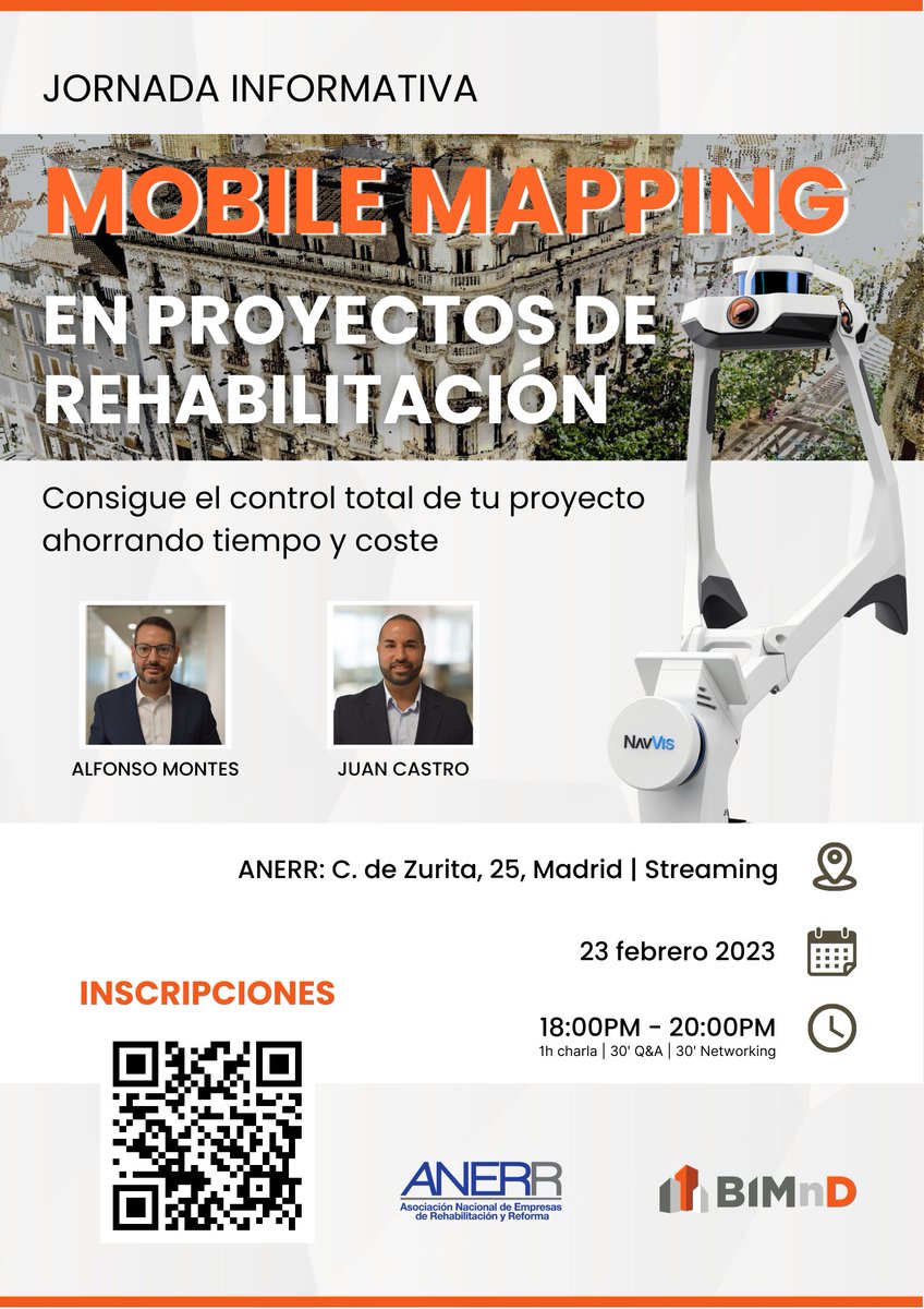 BIMnD_espana's tweet image. 🔊JORNADA INFORMATIVA: ¿Todavía no conoces todo lo que el #MobileMapping puede aportar en tus proyectos de #rehabilitación? 🔜 Te esperamos el próximo 23 de febrero en @Anerr_