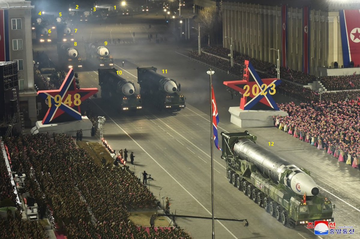 OpenNuclear's tweet photo. #ONNanalysis
#DPRKparade

1. The DPRK held a parade on Wednesday to mark the 75th anniversary of its armed forces. At least 12 Hwasong-17 ICBMs and 4 previously unseen, presumably solid-propellant ICBMs were showcased, suggesting that the DPRK ICBM force may be rapidly expanding. https://t.co/P23XVPm40T