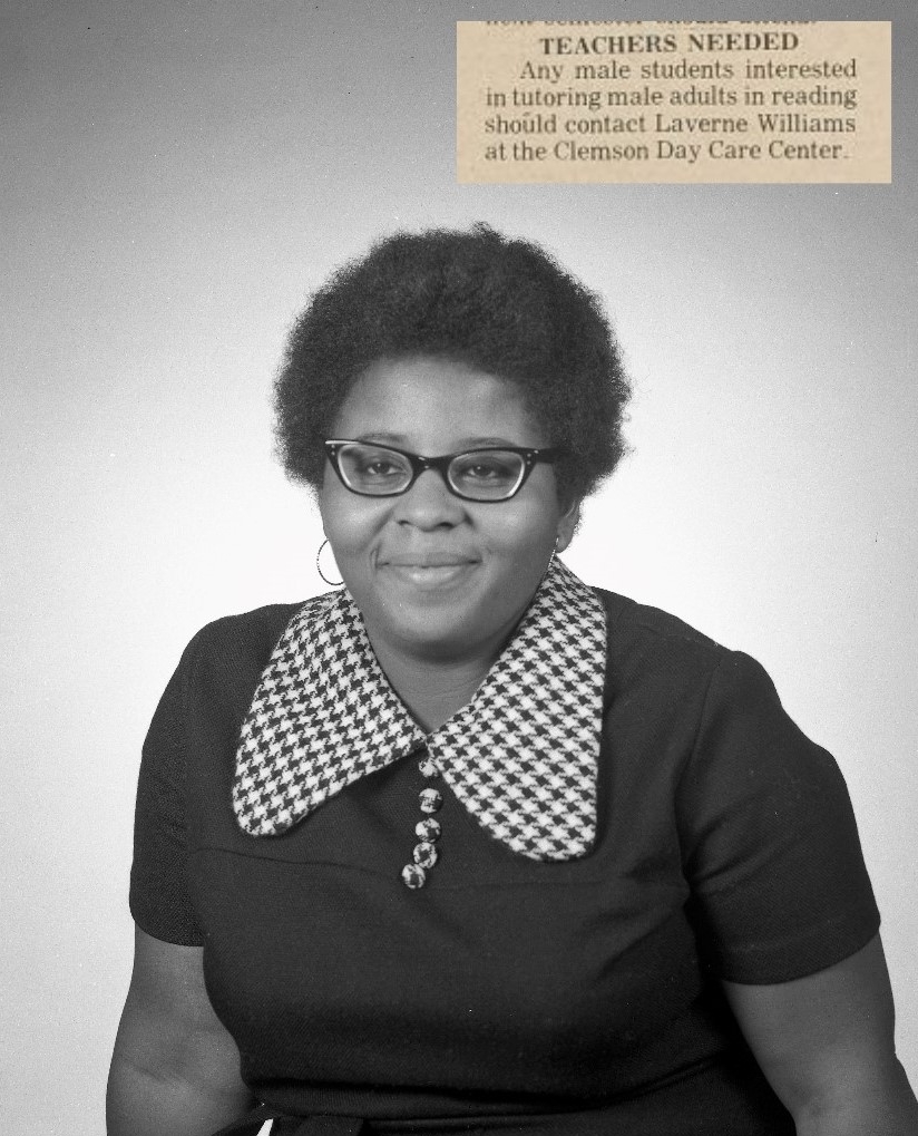 LaVerne Williams, April 1970 with February 1971 ad from The Tiger.  LaVerne Williams was one of the first three Black women to graduate from Clemson. Her first job was director of the Clemson Day Care Center. She was a local educator and guidance counselor for more than 40 years.
