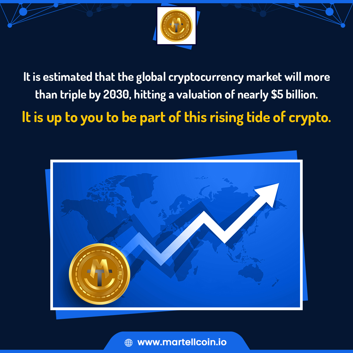 MartellCoin's tweet photo. It is estimated that the global #cryptomarket will more than triple by 2030📈, hitting a valuation of nearly $5 billion.

It is up to you to be part of this rising tide of #crypto.

➡️ https://t.co/nIc7EHYsFG
.
.
.
.
.
#MartellCoin #cryptocurrency #cryptotrading #cryptoinvestors https://t.co/EGlYUmBTJR