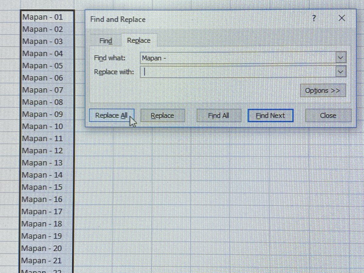 andrie_pratama's tweet photo. @worksfess Block Area yg mau di hapus -> Ctrl F -> Replace What :  Mapan - ->Replace With: kasih <Spasi kosong> tekan sekali pd Keyboard -> Replace All https://t.co/uJPGkWvHfC