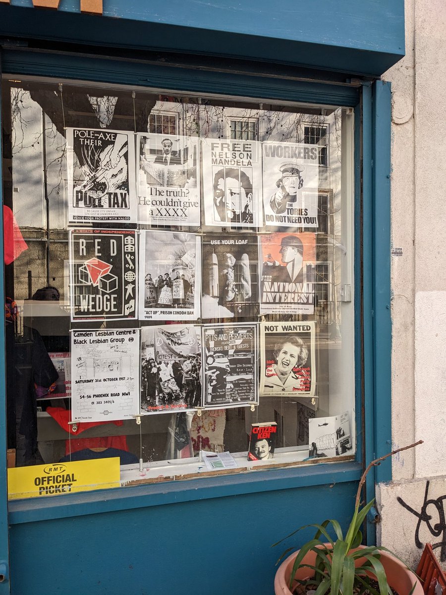 HistoryTown's tweet photo. Do you remember any of these #1980s protest posters? Come see #PeoplesMuseum window this month. Book launch on 22nd #Badgeland bring your '80's badges! #polltax #ThatcherOut #NelsonMandela #CamdenBlackLesbianCentre was next door #LGBTQ #pitsandperverts #redwedge #coalnotdole https://t.co/PuDIK4s01Q