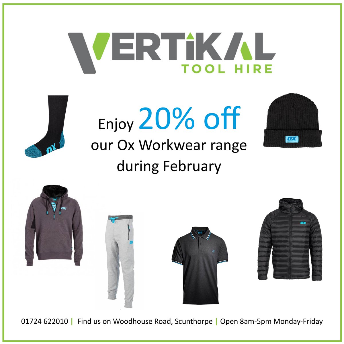 🟢 Ox Workwear Offer 🟢
Treat yourself (or someone else 💚) this February with an amazing 20% off our <a href="/OXtoolsUK/">OX Tools UK</a>  
 Workwear range
Offer available until 28/02/2023
📞 01724 622010
#Vertikal #OxToolsUk #OxWorkwear #FebruaryOffer #ValentinesGift