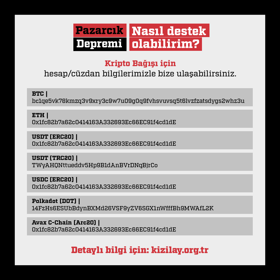 Kizilay's tweet photo. 🟥 Depremzedelere destek olmak için Türk Kızılay'a 𝗸𝗿𝗶𝗽𝘁𝗼 bağış yapabileceğiniz hesap ve cüzdan bilgileri:

⛓️ 𝗨𝗦𝗗𝗧 (𝗘𝗥𝗖𝟮𝟬): 0x1fc82b7a62c0414163A332693Ec66EC91f4cd1dE

🪙 Diğer kriptolar için: https://t.co/RNVJSqbj2w https://t.co/T4TEo0Im0u