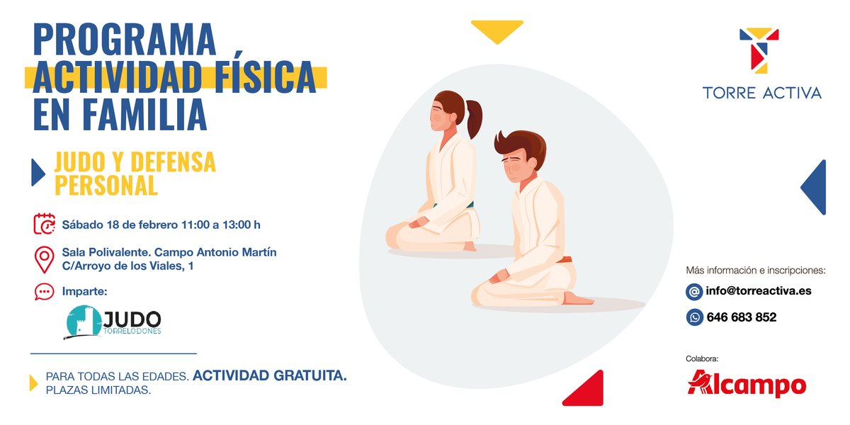 ayto_torre's tweet photo. 👨‍👩‍👧‍👦 ¡Nueva actividad del Programa Actividad Física en Familia! 

El próximo sábado 18 de febrero a las 11:00 h tendrá lugar una nueva actividad en familia, en colaboración con el Club de Judo de Torrelodones 🤼

Más información aquí 👉 https://t.co/YwSezR3N2V

@Torre_Activa https://t.co/DCd5cEzC4y