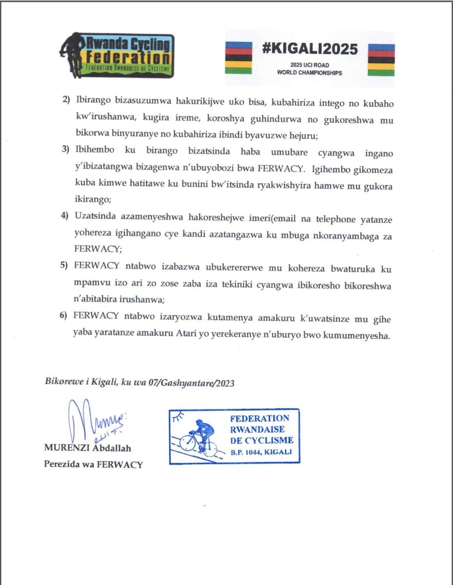 𝗨𝗖𝗜_𝗞𝗶𝗴𝗮𝗹𝗶 𝟮𝟬𝟮𝟱 on Twitter "Rwanda Cycling Federation (FERWACY) calls