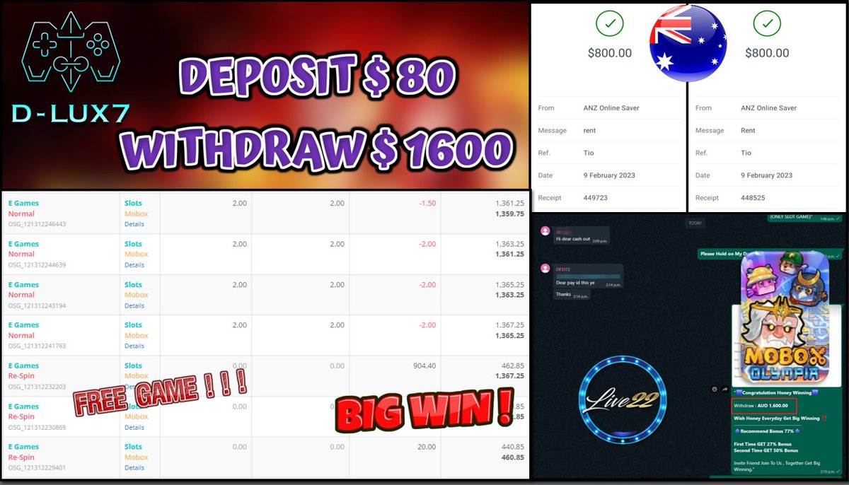 Dlux7Drive's tweet photo. PRODUCT - 🎮 LIVE22 🎮

GAME - 🔥MOBOX OLYMPIA🔥 

🎰‼️‼️ FREE GAME WIN BIG‼️‼️🎰

DEPOSIT : 💥 AUD 80.00💥
CASHOUT : 💥 AUD 1,600.00 💥 

===============

🔹WELCOME BONUS 177%
🔹DAILY BONUS 30%
🔹UNLIMITED BONUS 10%
🔹DAILY AUTO REBATE 5%-10%
🔹REFERRAL BONUS 77% https://t.co/oWu4rxQjj9