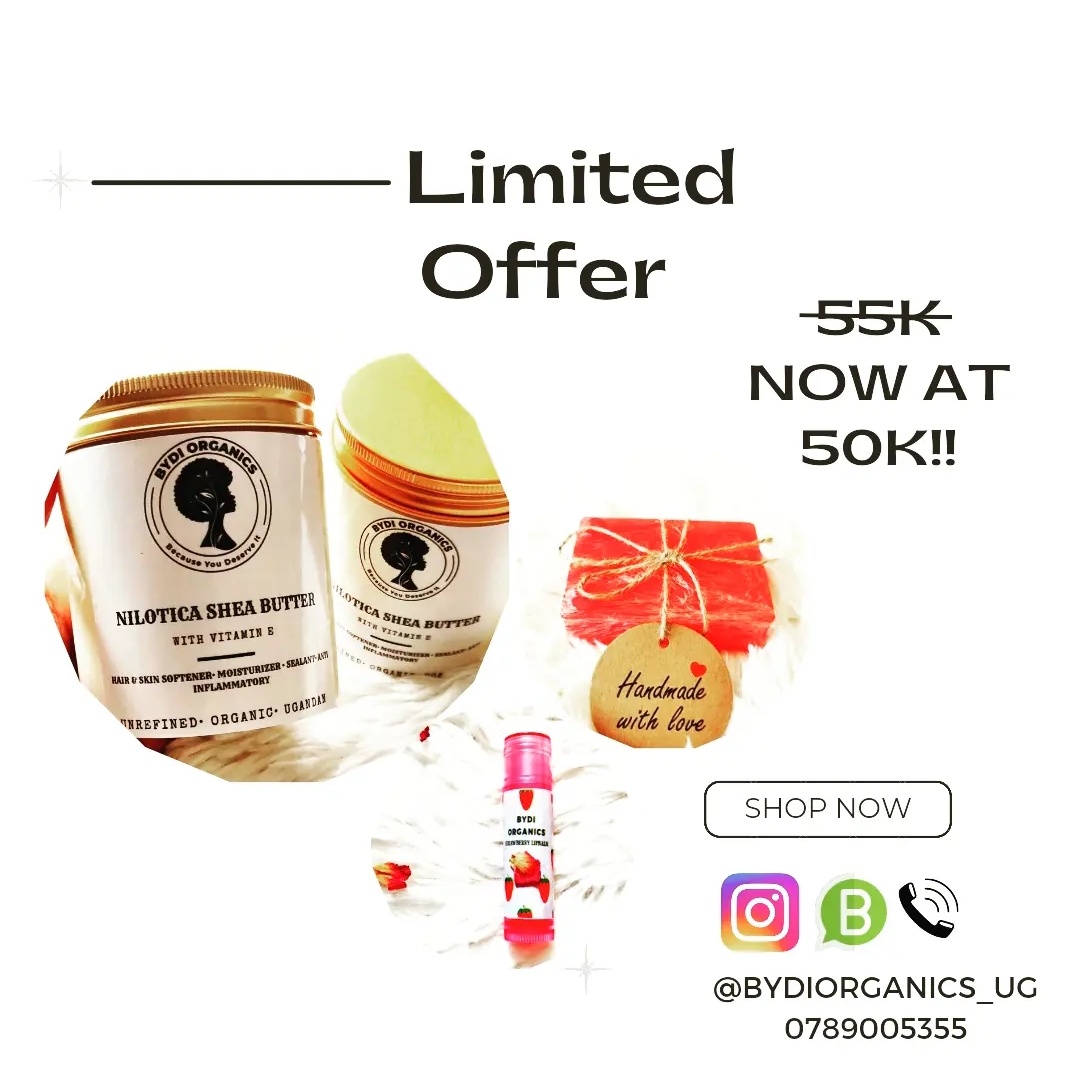 Grab all three products at 50,000 instead of 55,000ugx!!! Inclusive of;
1.  Whipped Shea butter (scented & unscented)
2. Love Thyself Bar Soap
3.Strawberry lipbalm

Terms & Conditions apply.

#BecauseYouDeserveIt
#OrganicBEAUTY #organic