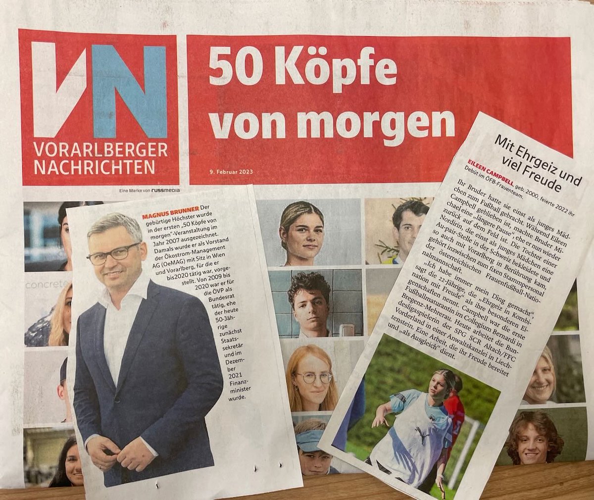 CollegBernardi's tweet photo. „50 Köpfe von morgen 2023“ der #VN: Dazu zählt heuer Altmehrerauerin Eileen Campbell (Matura 2019), Finanzminister &amp; Altmehrerauer @magnusbrunner (Matura 1990) zählt zu den Ausgezeichneten, „die durchgestartet sind“. Gratulation! #collegiumbernardi #mehrerau #wirsindmehrerau https://t.co/F5z7thOdL3