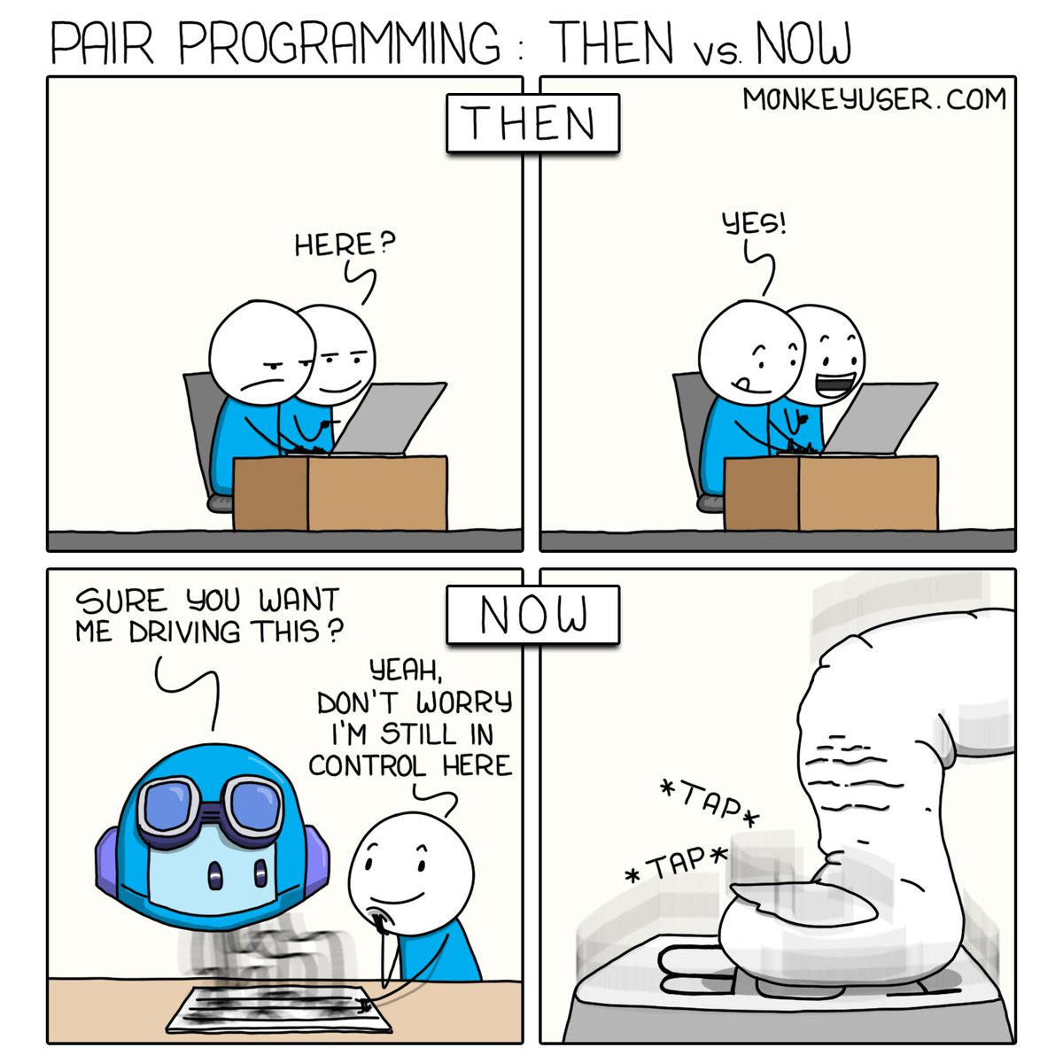 Pair Programming: Then and now (monkeyuser.com/2023/then-and-…)