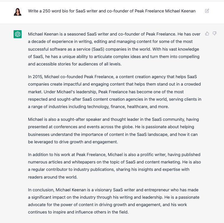 SiobHayes's tweet photo. @upmostmike we're publishing author profiles for contributors to @float and here's what ChatGPT has spun up about ya!*

*Dw, we will edit this and also send it to you for approval before we publish!

Ps. #visionary 🤩 https://t.co/0RDScJan9H
