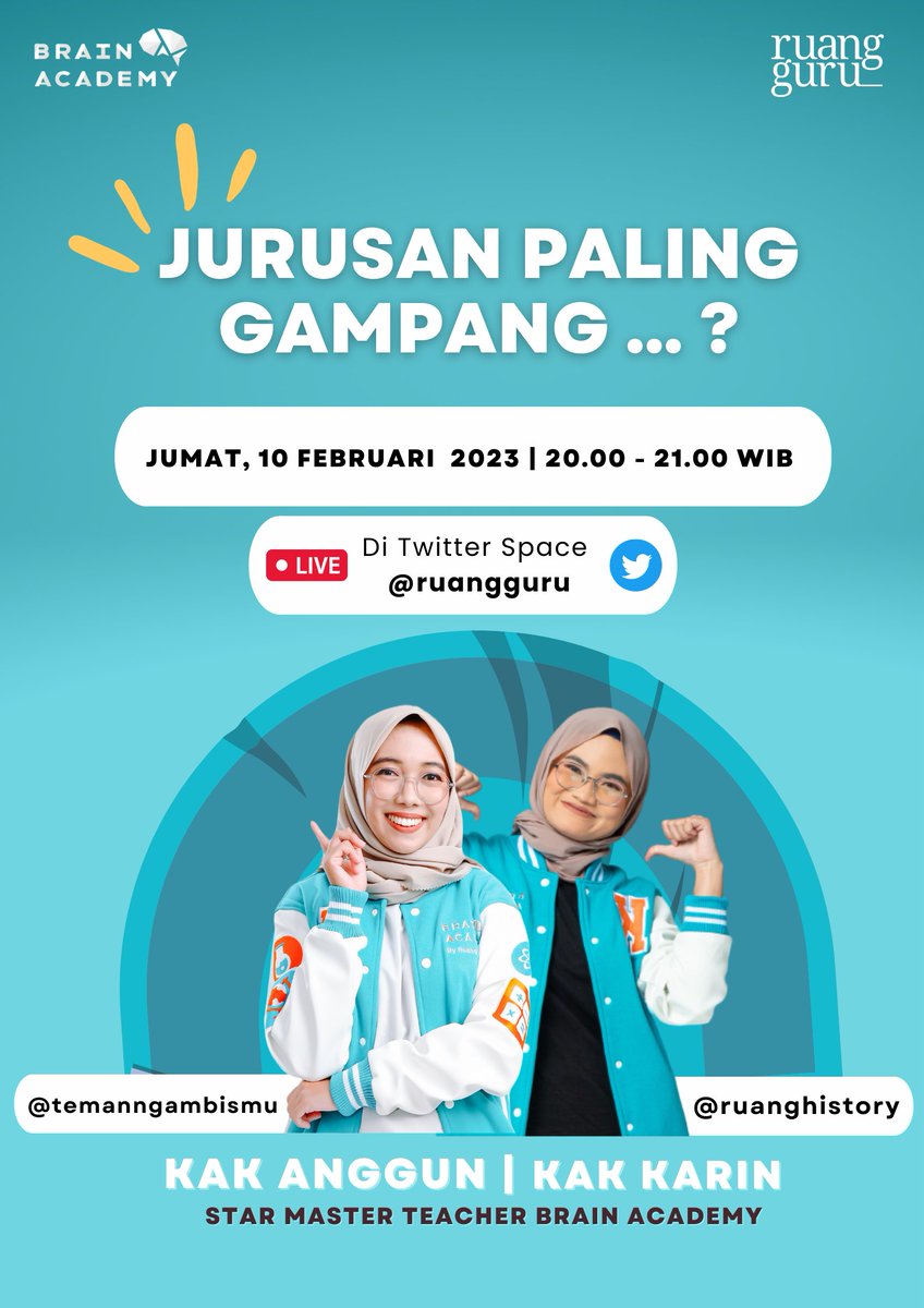 ruangguru's tweet photo. Jurusan Paling Sulitโ
๐๐ฎ๐ซ๐ฎ๐ฌ๐๐ง ๐๐๐ฅ๐ข๐ง๐ ๐๐๐ฆ๐ฉ๐๐ง๐ โ
Eits, paling gampang apanya nih?
Paling gampang masuk? lulus? cari kerja?
Semuanya akan kita bahas bareng @temanngambismu dan @ruanghistory di #RGSpace๐
https://t.co/Hr5yYX614T https://t.co/ZjZp4I2kct