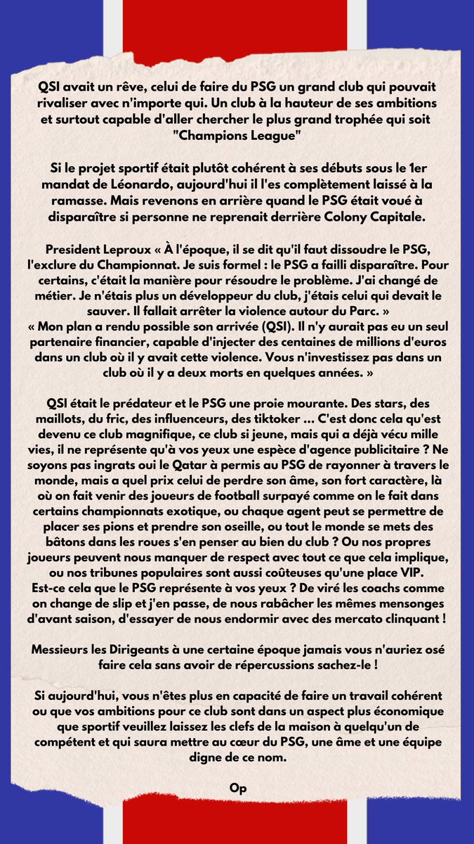 Une âme qui c'est perdu depuis trop longtemps, un caractère faible qui remplace la testostérone d'antan. Le #PSG n'est plus un club de foot avec tout ce que cela implique mais une agence publicitaire et nous supporters nous subissons ⤵️