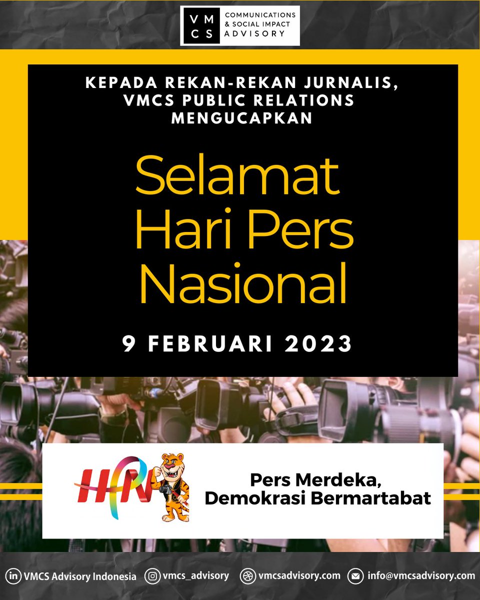 VMCS Public Relations mengucapkan kepada teman-teman jurnalis: Selamat Hari Pers Nasional Indonesia. Semoga semakin jaya! #HariPersNasional #VMCSPublicRelations
