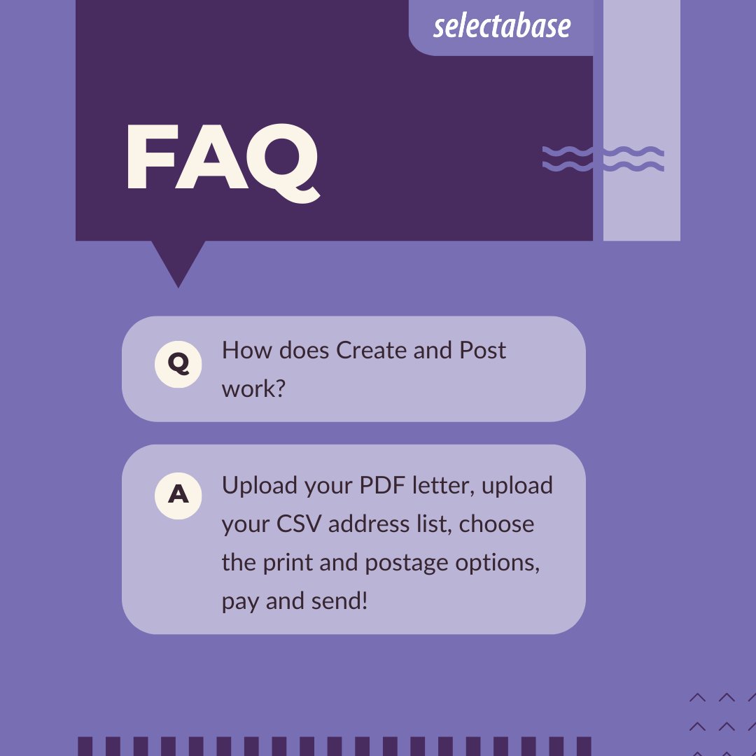 selectabase's tweet image. If you&apos;re new or experienced with direct marketing, you may have questions about Create and Post that you haven&apos;t found answers to yet. 

To learn more, visit our website selectabase.co.uk/services/creat… 

#FrequentlyAskedQuestions #PrintAndPost #DirectMail #FAQ #PostalMailing