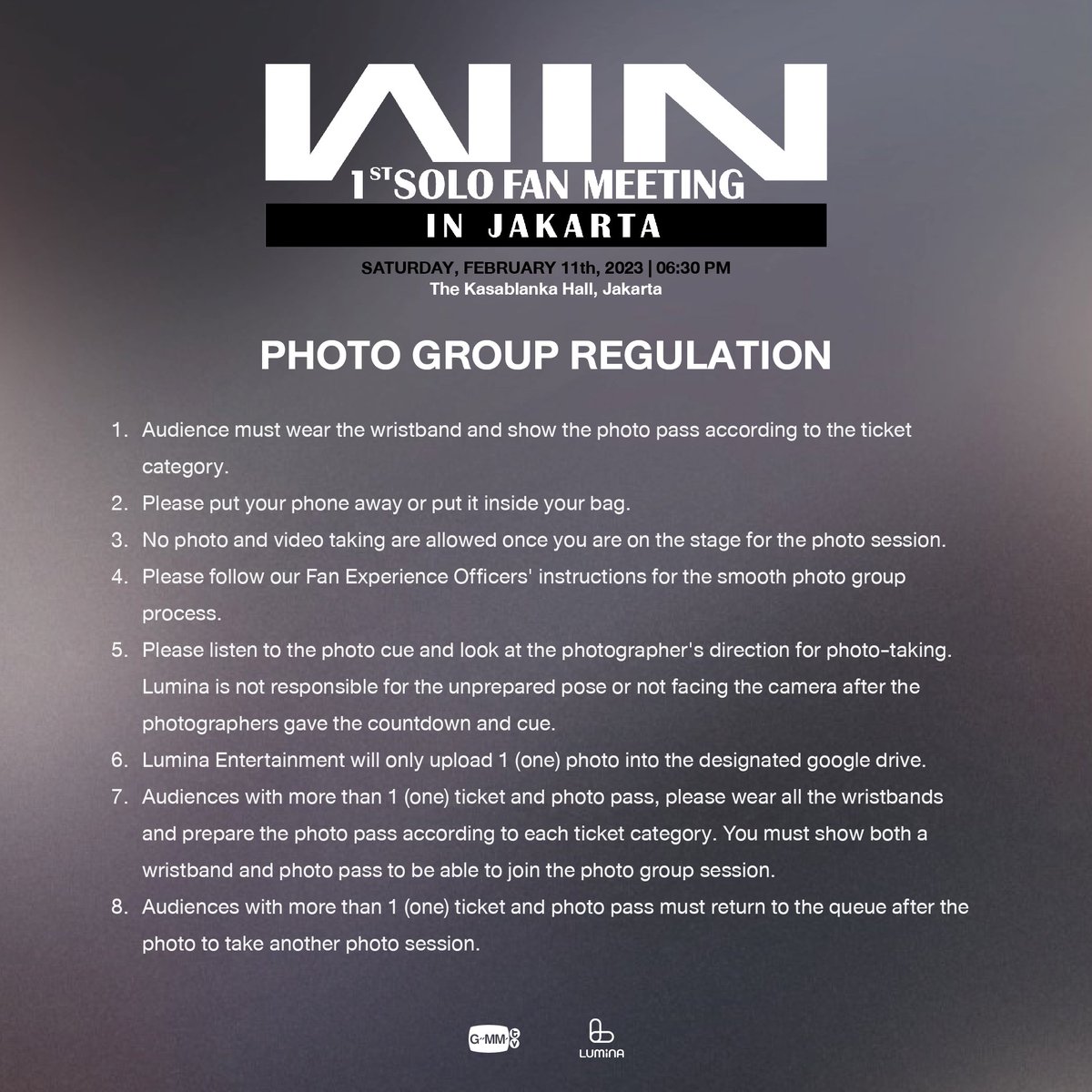 luminaent's tweet photo. [REGULASI FOTO GRUP] Berikut adalah regulasi foto grup untuk pemegang tiket dengan benefit foto grup. Harap memperhatikan regulasi di atas untuk kelancaran acara.

#winmetawin #Win1stFMJKT #WinMetawinGoodBoy  #BarengLumina #GMMTV https://t.co/MwQ2F1RH47