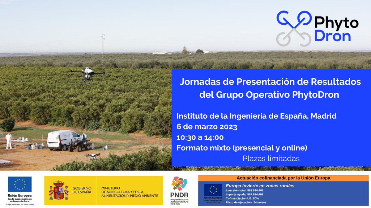 #SaveTheDate 🛰️ #GOPhytoDron organiza una jornada para presentar los resultados obtenidos por el #GrupoOperativo, que se constituyó para la validación de las aplicaciones aéreas de productos #fitosanitarios con #drones.

@irtacat @La_UPM @INIA_es @unisevilla