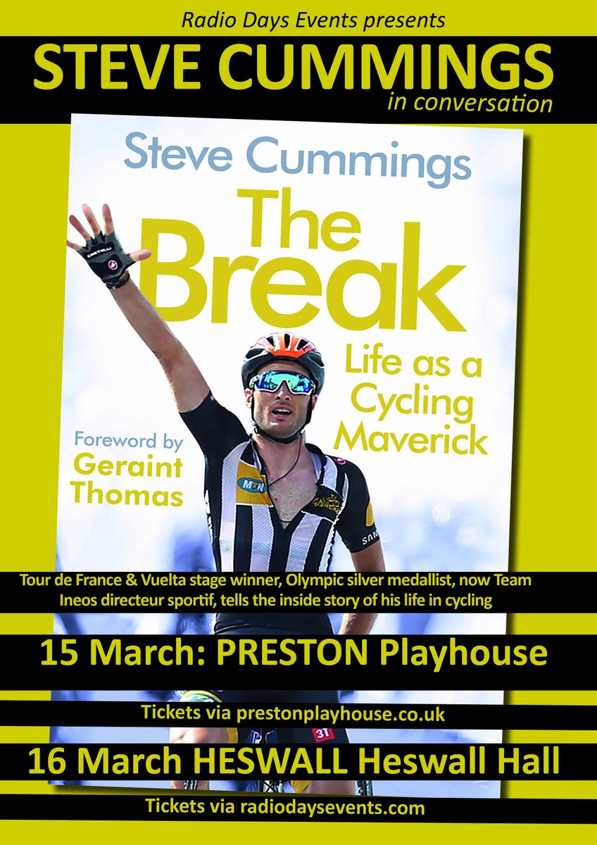 Attn #Preston & #Wirral #cycling fans! Steve Cummings @stevocummings joins us for 2 nights of #cycling chat, discussing his @AtlanticBooks autobiography, his #TDF & Vuelta stage wins, his new job as DS of #TeamIneos - & takes your questions. March 15, 16. radiodaysevents.com
