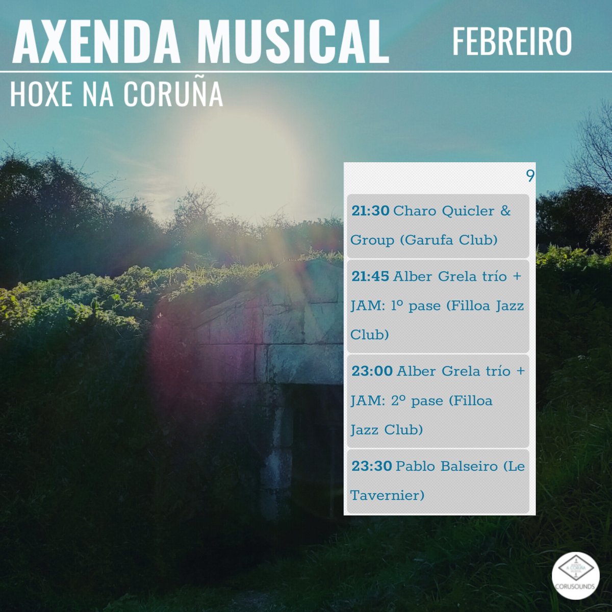 Hoxe na Coruña... 
.
.
.
Podes ver todos os concertos programados este ano en: corusounds.emiweb.es/agenda
#ACoruña #Coruña #AxendaMusical #AgendaMusical #Musica #Concertos #Concertos #Cultura #culturaparatodos #CulturaSegura