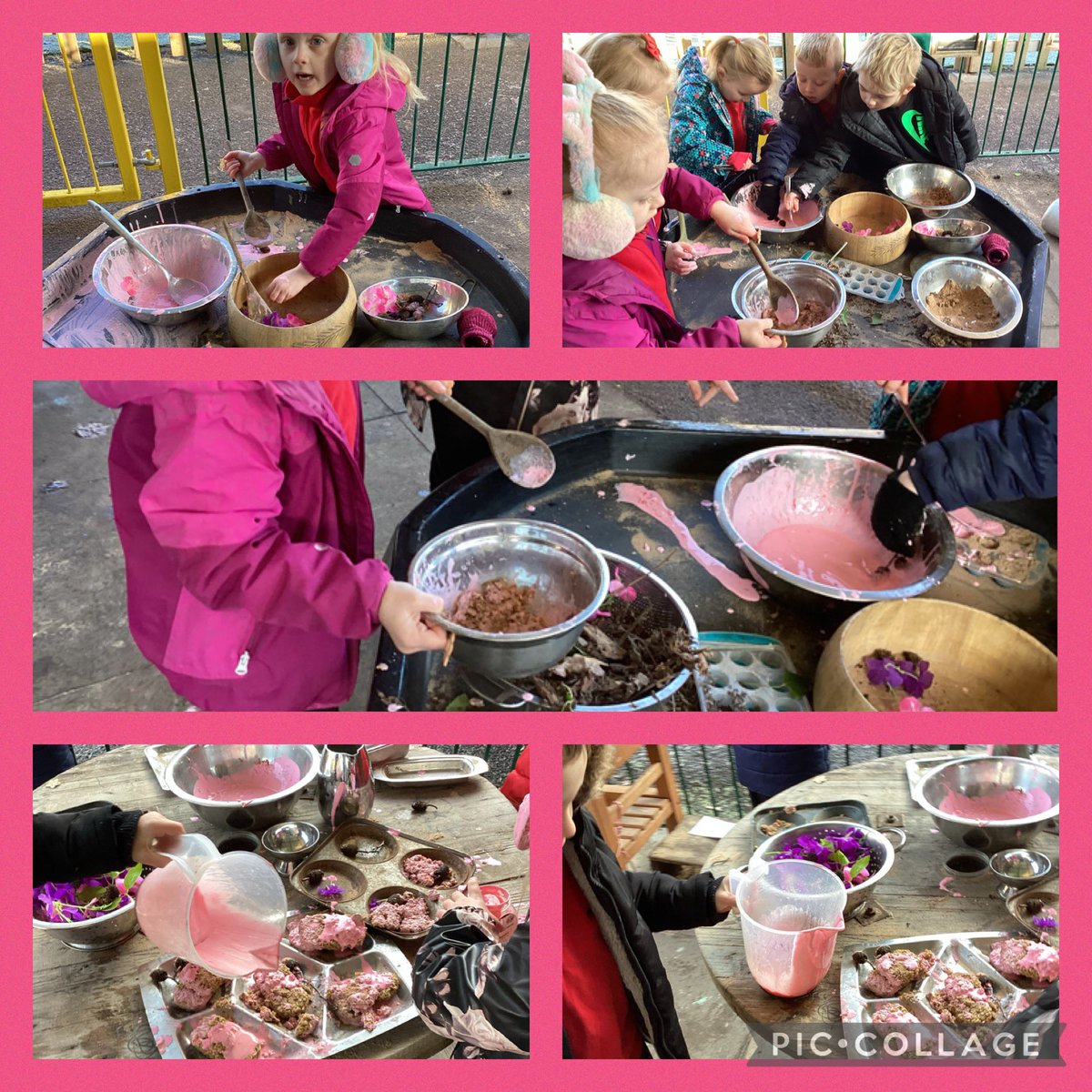 Reception had a wonderful time outdoors making pink pies for the 3Little pigs. We measured, weighed, mixed  
all the ingredients together.