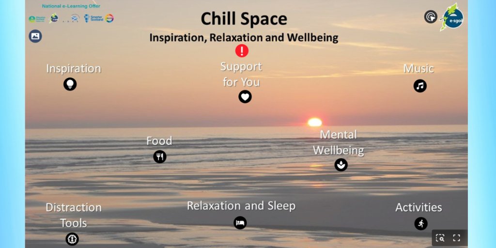 Available as part of the National e-Learning Offer - the <a href="/eSgoil/">e-Sgoil</a> chill space includes lots of resources to support learners' health and wellbeing. Explore it here - ow.ly/tNNS50MNVYF #ChildrensMentalHealthWeek #NeLO (1/2)