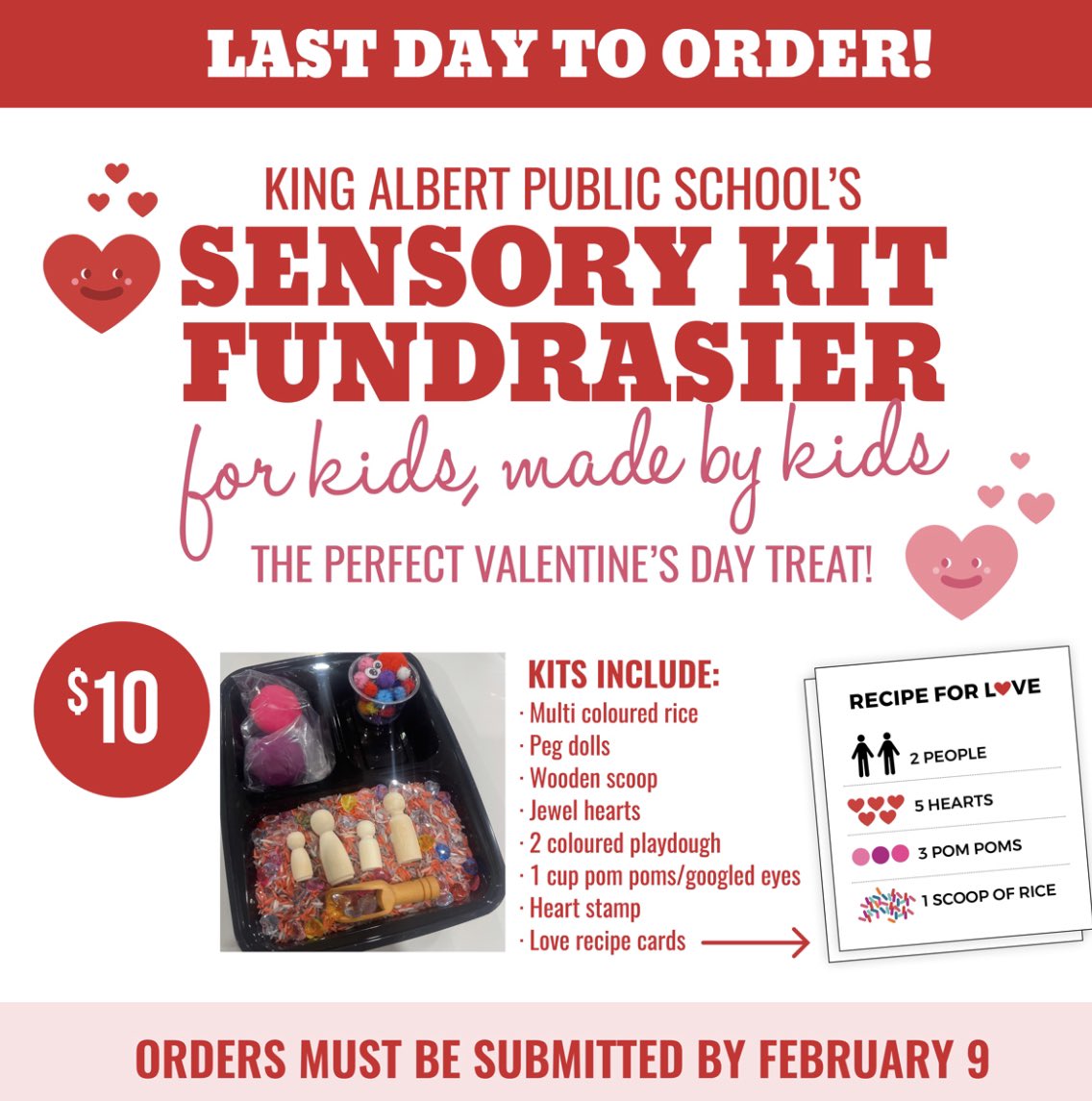 King Albert School is doing a Valentine's Day Sensory Kit fundraiser and today is the last day to order!
If you would like to support us by ordering a kit, they are $10 each. Please use this link to order
docs.google.com/forms/d/e/1FAI…