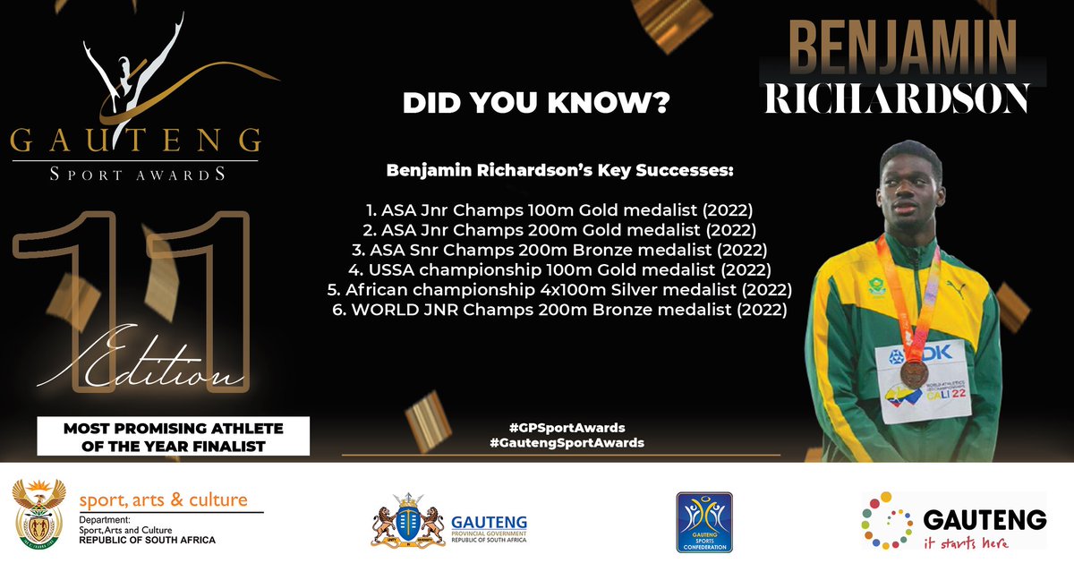 GPSportAwards's tweet photo. Let's get to know our #GautengSportAwards finalists for the Most Promising Athlete of the year category.
- Ofentse Matsise
- Zalika Methula
- Benjamin Richardson
- Chloe Badenhorst https://t.co/Ot2pMW6V1L