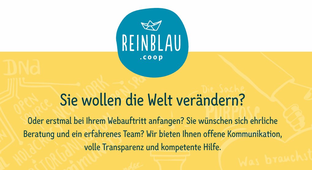 DrupalCampRuhr's tweet photo. Wir danken unserem Silber-Sponsor @reinblau! 💙

"Wir sind eine genossenschaftlich organisierte Webagentur, die sich auf Beratung, Design und agile Umsetzung von Webprojekten spezialisiert hat."
https://t.co/BwhliAuT2z https://t.co/CFOOdpKqKV