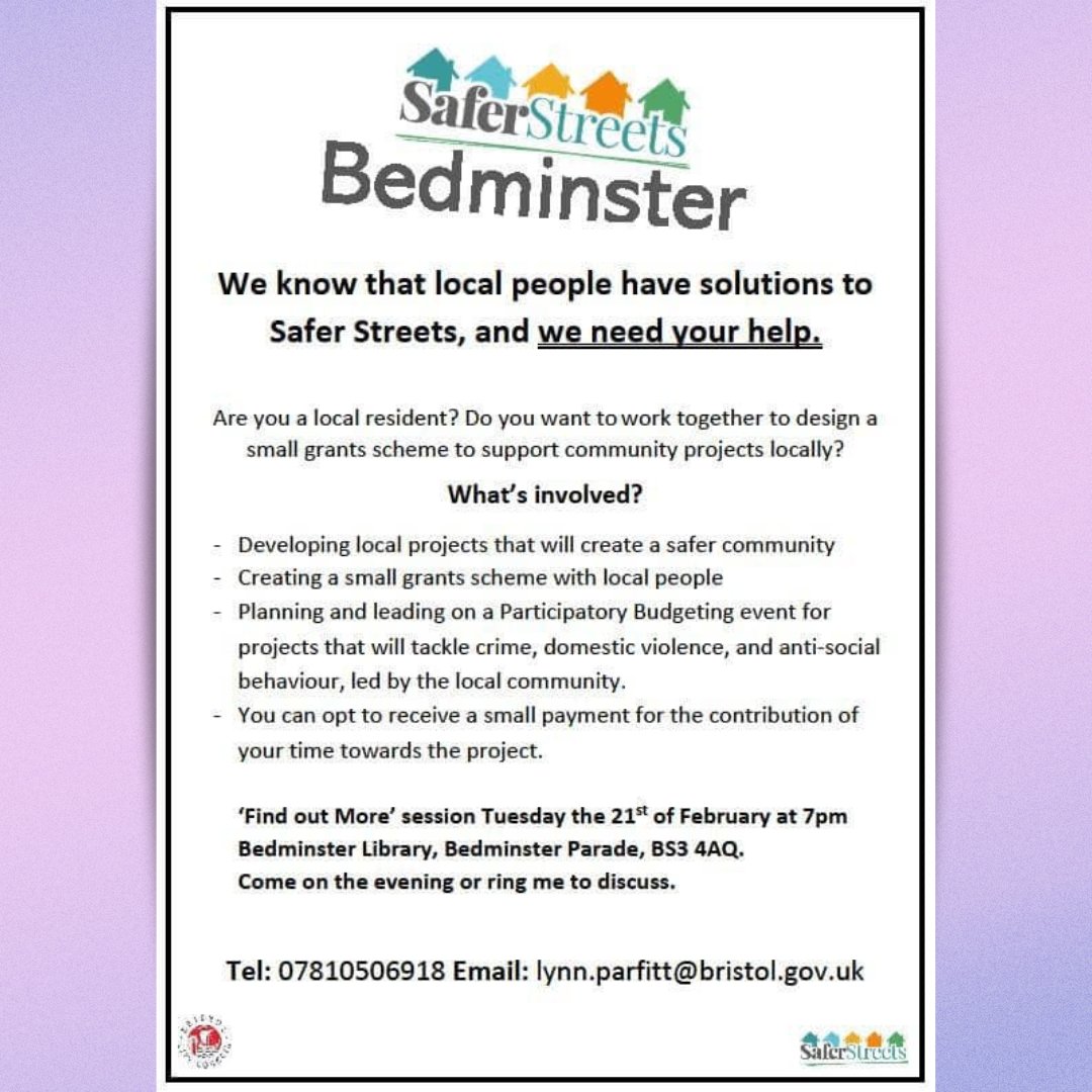 On Tuesday 21 Feb there will be a consultation to hear how people living in #Bedminster want to see money spent to make our streets safer.

If you can't attend the event please do call <a href="/BristolCouncil/">Bristol City Council</a> on 07810506918 or email lynn.parfitt@bristol.gov.uk

More info below 👇