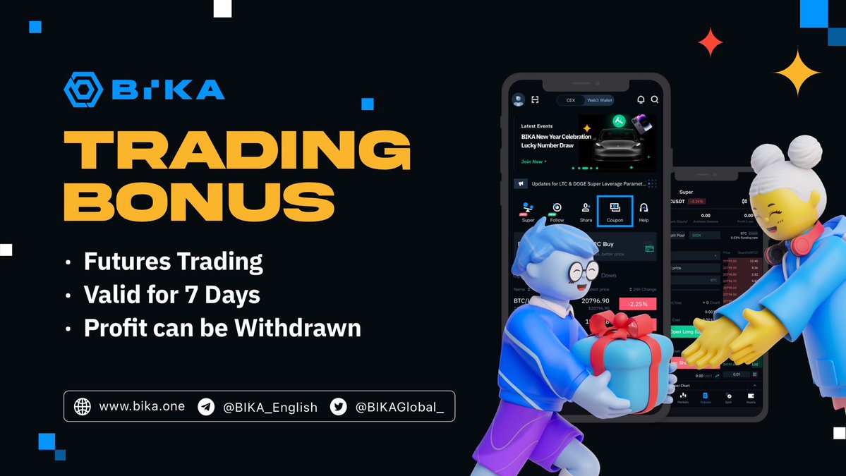 BIKAGlobal_'s tweet photo. 🤩Want to trade for free and profit on #BIKA?

⭐️Get the coupon (futures trading bonus)
✅Trade on BIKA futures 
✅Only for isolated mode
✅Withdraw your profit

👇🏼HOW TO GET THE COUPON
1️⃣ Register &amp; KYC
2️⃣ First deposit 100$
3️⃣ Join our Events https://t.co/JdjiXupkA2
#Crypto https://t.co/AfM1el9Fvq