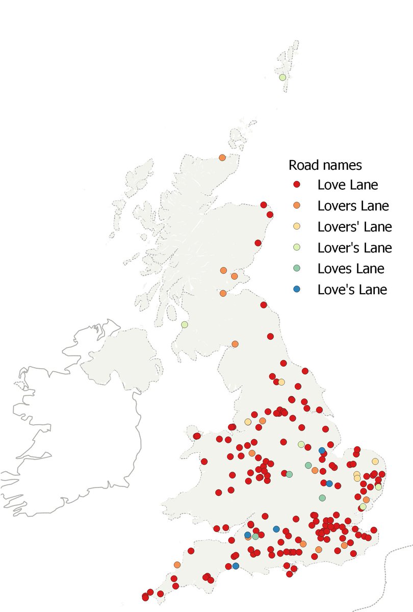 For #LoveDataWeek (blogs.ucl.ac.uk/open-access/20…) a map of locations of roads named Love Lane, Loves Lane and Lovers Lane, with varying apostrophes

How many are there?

Love Lane: 150
Loves Lane: 5
Love's Lane: 5
Lovers Lane: 15
Lovers' Lane: 5
Lover's Lane: 5